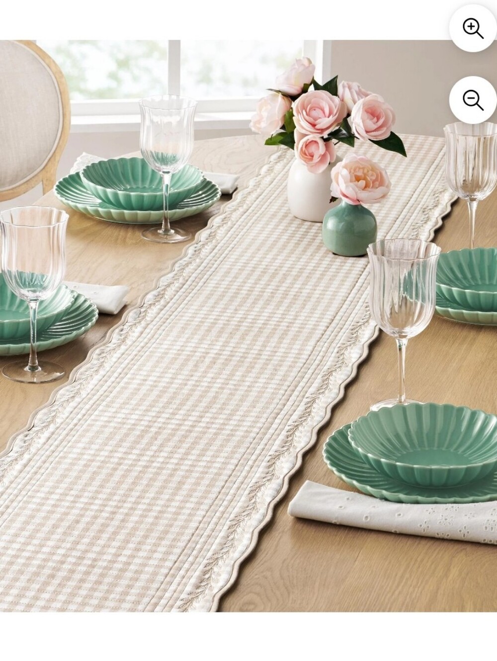 ❤️ New Pioneer Woman Mini Beige Gingham Table Runner with Scalloped Edge